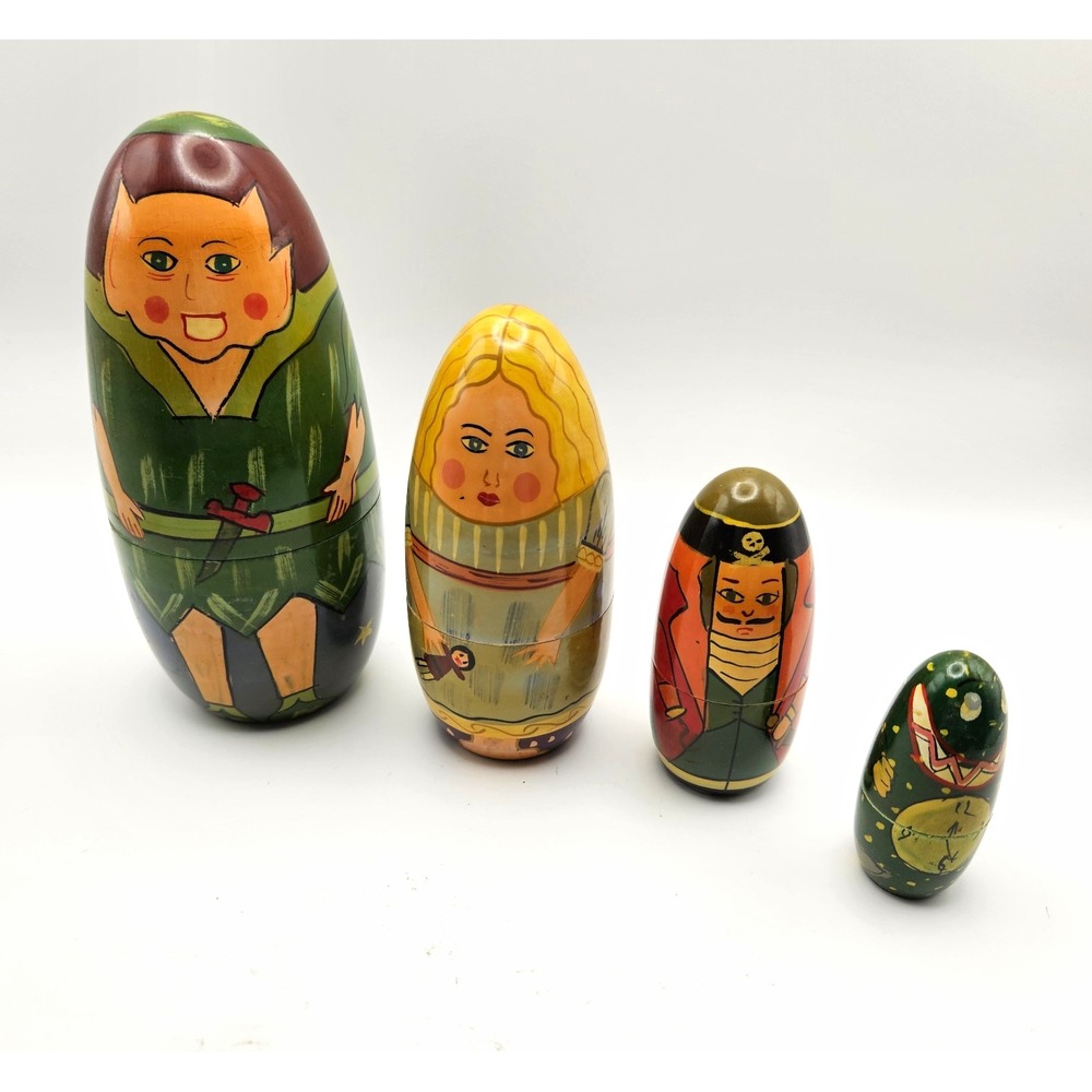 Peter Pan Wood Nesting Dolls Set of 4 1990's Matryoshka Peter Wendy, Hook Clock